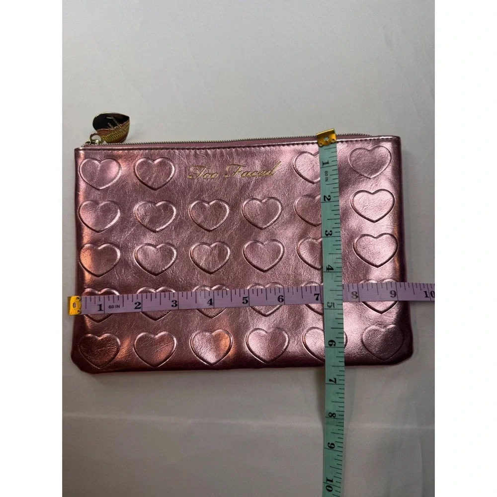 Too Faced Metallic Pink Heart Embossed Makeup Bag Cosmetic Pouch Gold Logo